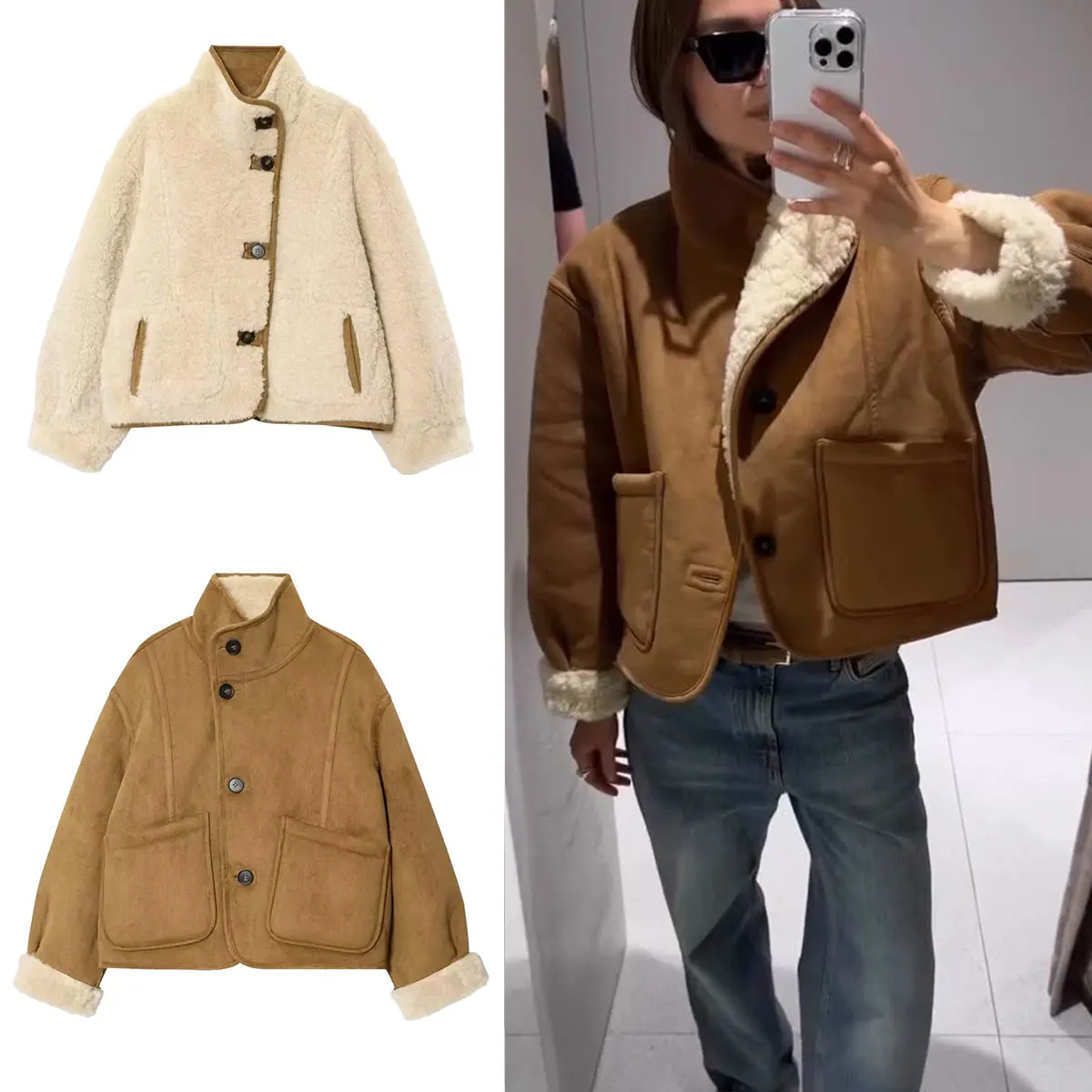 

HH 2025 женское осеннее модное пальто из искусственного меха с длинным рукавом и воротником-стойкой, однобортные карманы, зимние повседневные двусторонние куртки