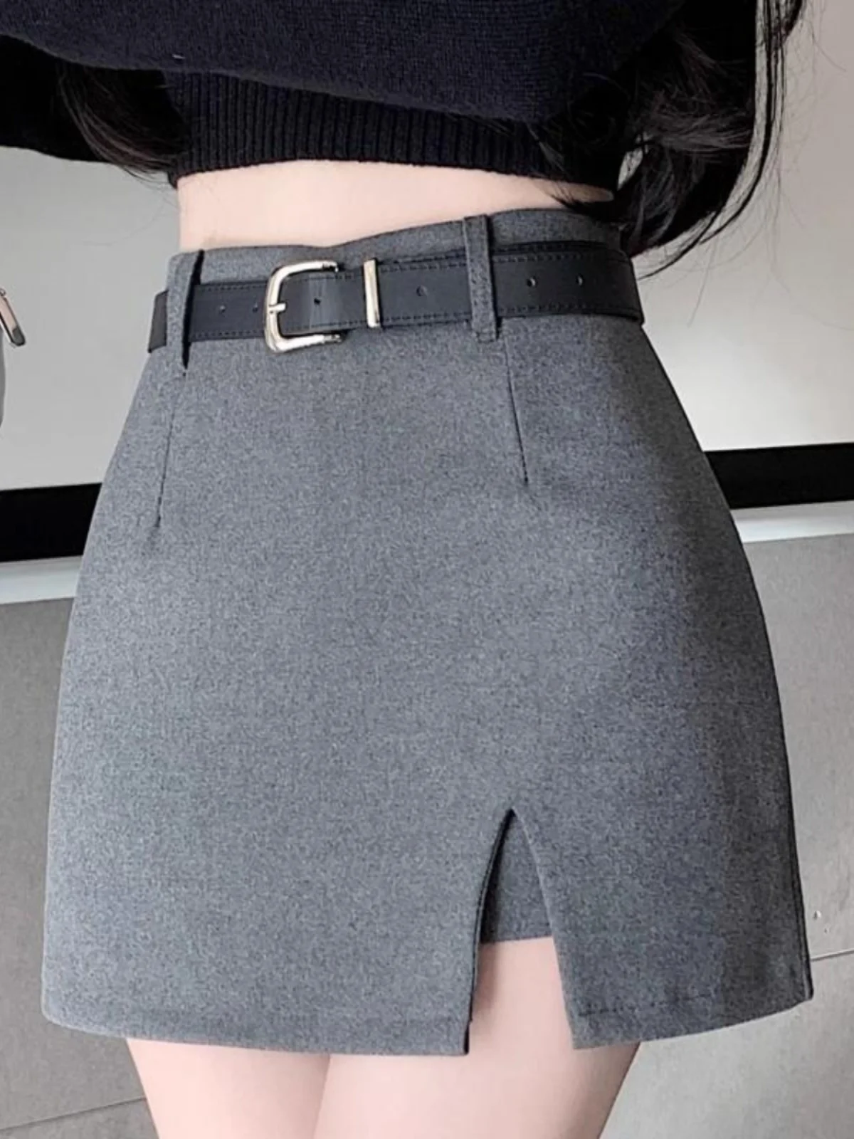 American Style High Waist Woolen Suit Short Skirt Women's Autumn Winter Commute Slimming Sexy Split A-Line  Skirt