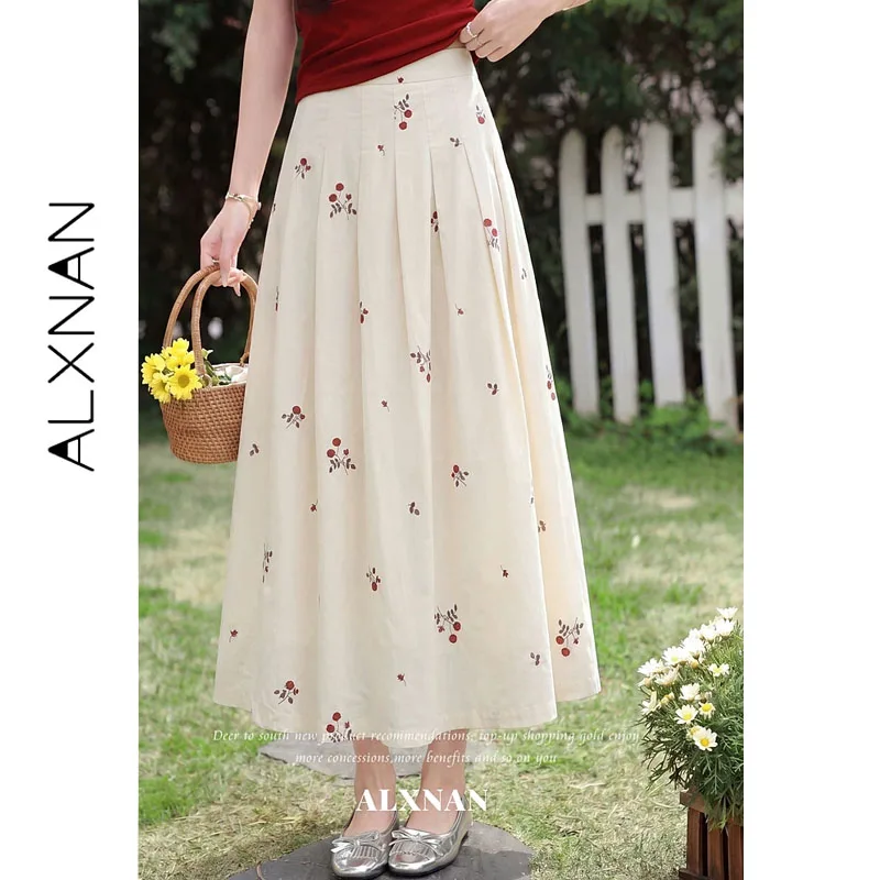 

ALXNAN Floral Print Skirt Women Summer High-waist Long Pleated Skirt Cotton 100% Elegant Holiday Fashion Casual Clothing L63939A