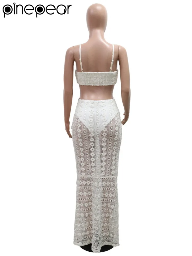 PinePear 2025 夏セクシーな中空アウト女性レースマキシドレスハイウエストカットアウトレース薄手のノースリーブ背中の開いたビーチパーティードレス