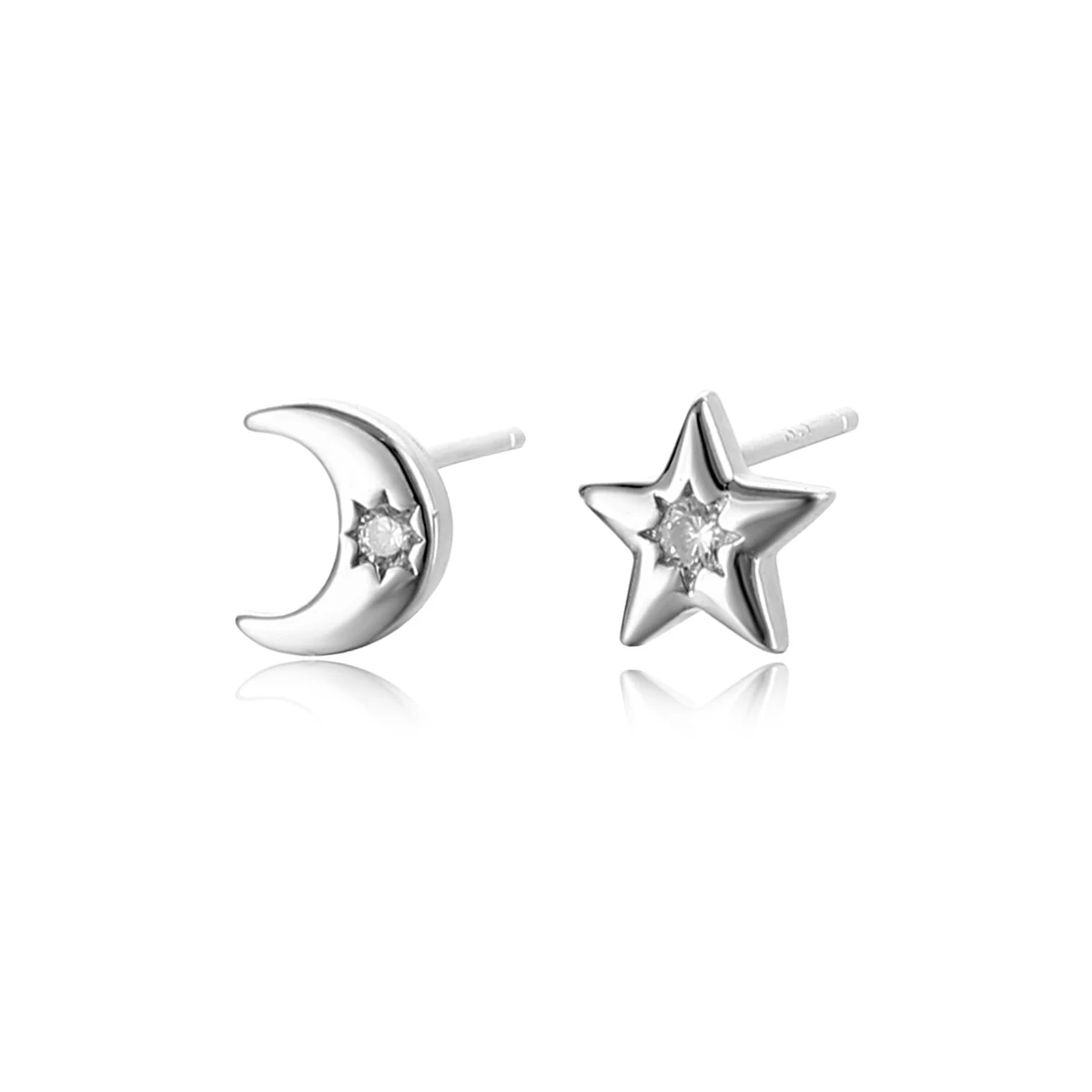 RYJU 925 Sterling Silver Zircon Moon Star Stud Earrings For Women Sweet Romantic Asymmetrical Stud Earrings Wedding Party Gifts