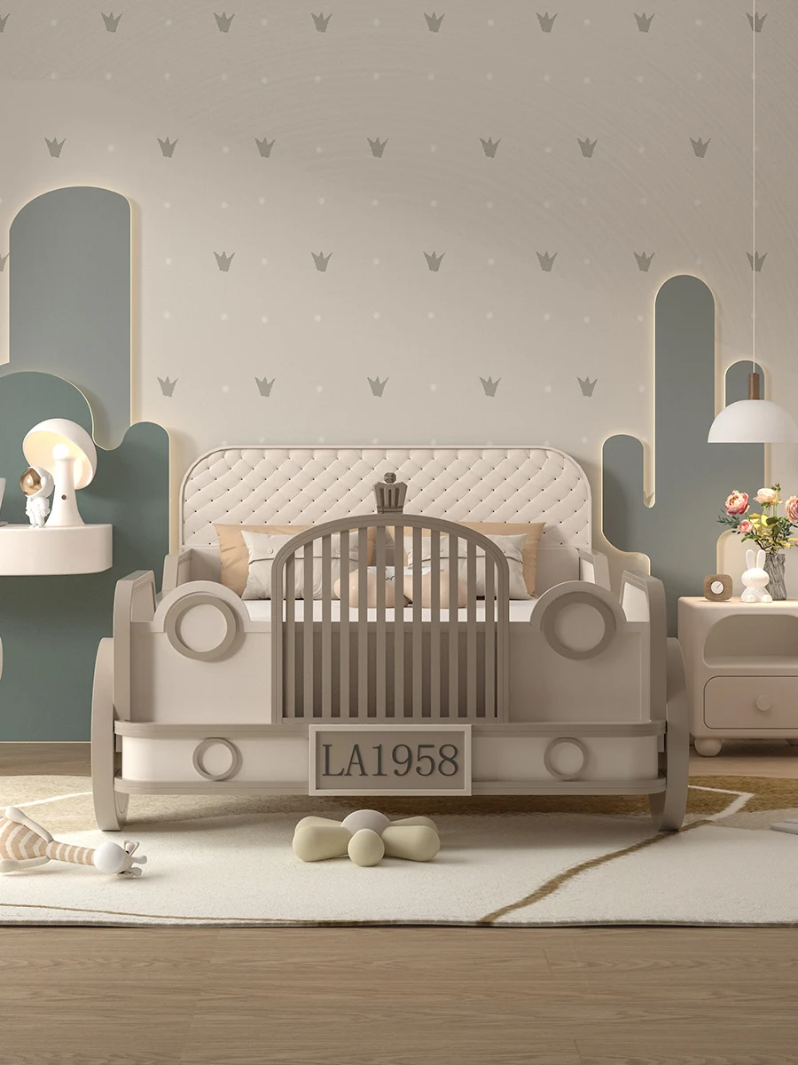 Cama individual de madera maciza con personalidad creativa para niños, coche blanco, artefacto de cuna para niños