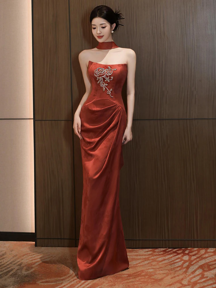 

Red Evening Gown Vintage Chinese Sle Bridal Robe Bustier Tailored for Engagement Wedding Banquet Fi Tail Skirt Dr