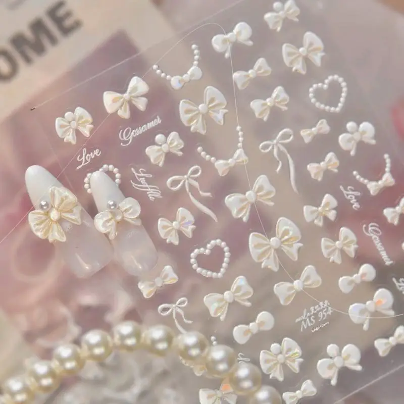 Selbstklebende 5D-Schleifen-Perlen-Herz-Nagelaufkleber, französische Polka-Dot-Schleifen-Nagelsticker, DIY-Maniküre, bunte Nagelkunst-Accessoires – Detail 8