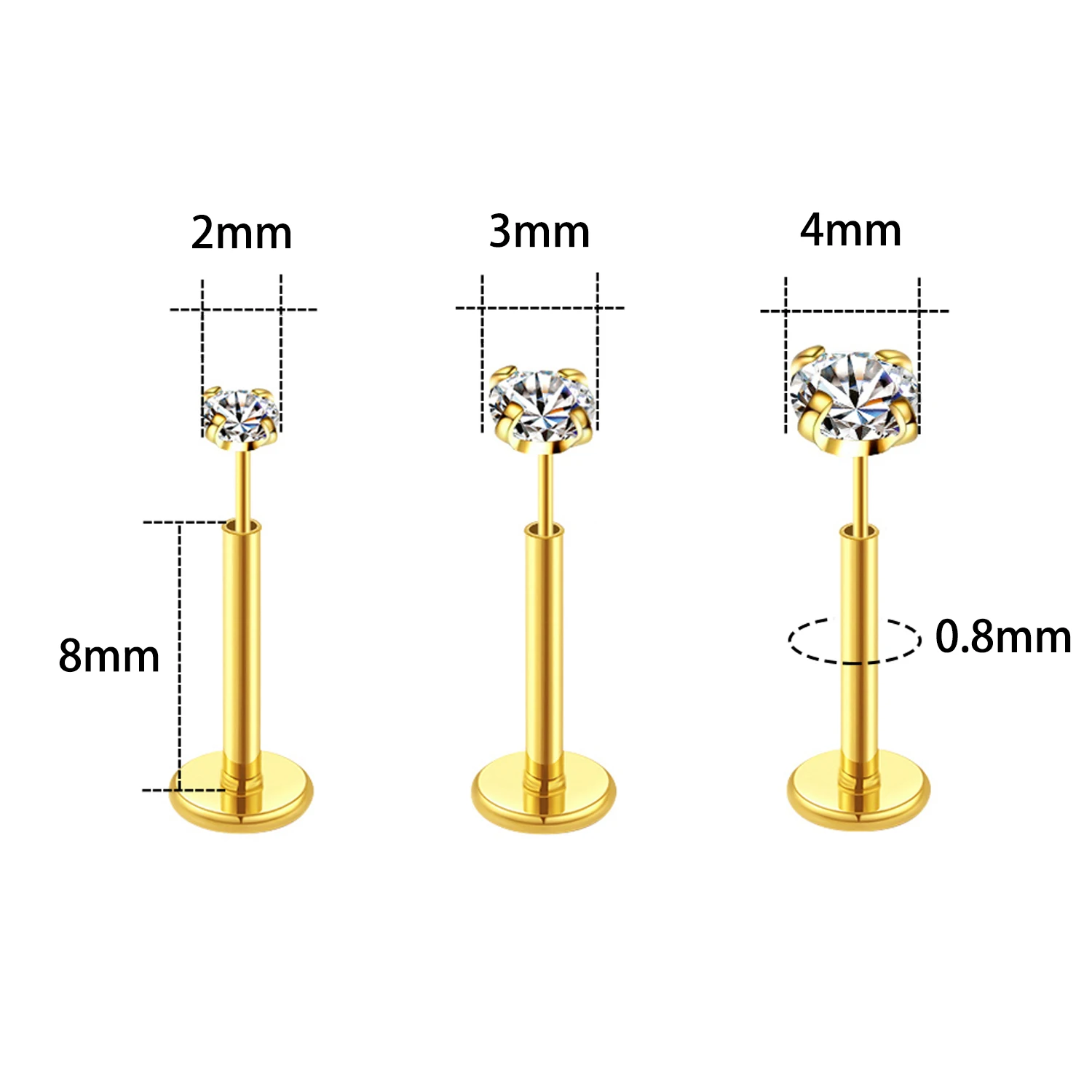 3Pcs/Lot 20G Push-in Lip Ear Tragus Labret Piercing Set Stainless Steel Flat Back Threadless Stud Earrings for Cartilage Helix
