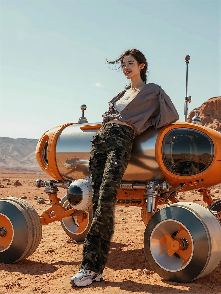 جينز نسائي ضيق مموه على الأرض بخصر عالٍ مطوي فضفاض واسع الساق عتيق مرقع مطرز جيوب أنيق