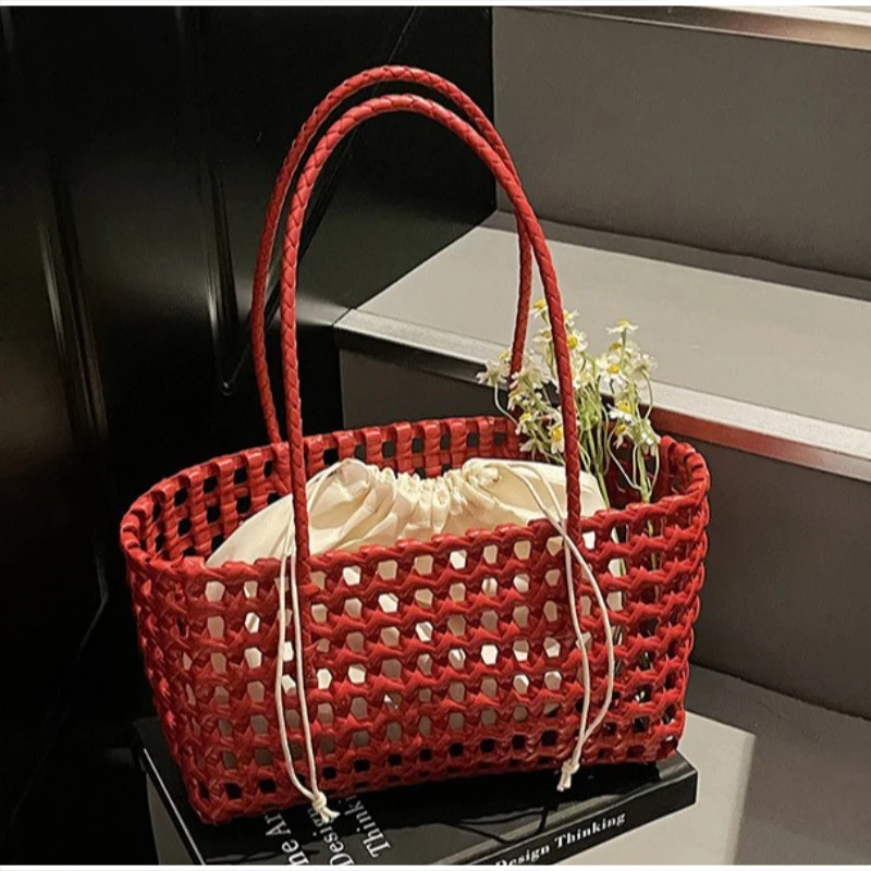 

Hollow Out Woven Basket Tote Bag With Inner Liner Colorful Summer Beach Vacation Handbag Women Casual Boho Commute Shoulder Bag