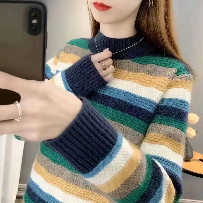 Women\'s Fashion Casual Colour Striped Sweaters Autumn Winter Female Clothing Korean All-match Half High Collar Knitted Pullovers