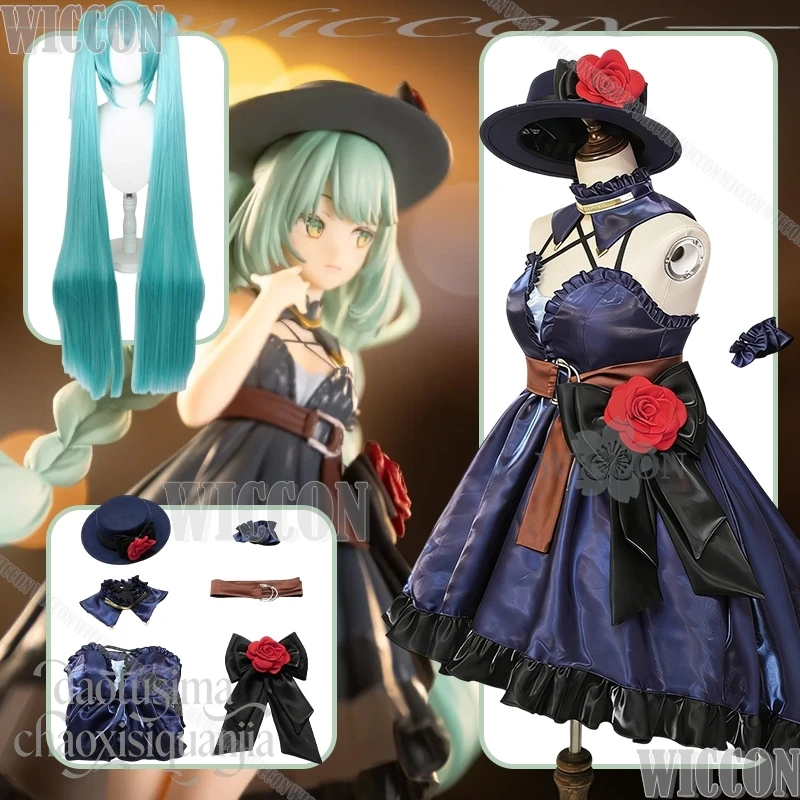 

Game Project Sekai Mikkuu Вечернее платье без рукавов Темно-синяя готическая шляпа Лолиты с двойным хвостиком Рождественский косплей Navidad Carnaval