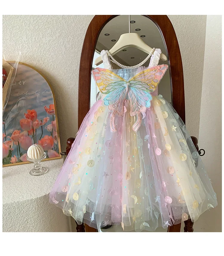Kid Girl Fairy Performance Sleeveless Dress Rainbow Colored Butterfly Wing Pastel Skirt Party Moon Show Decorations Children