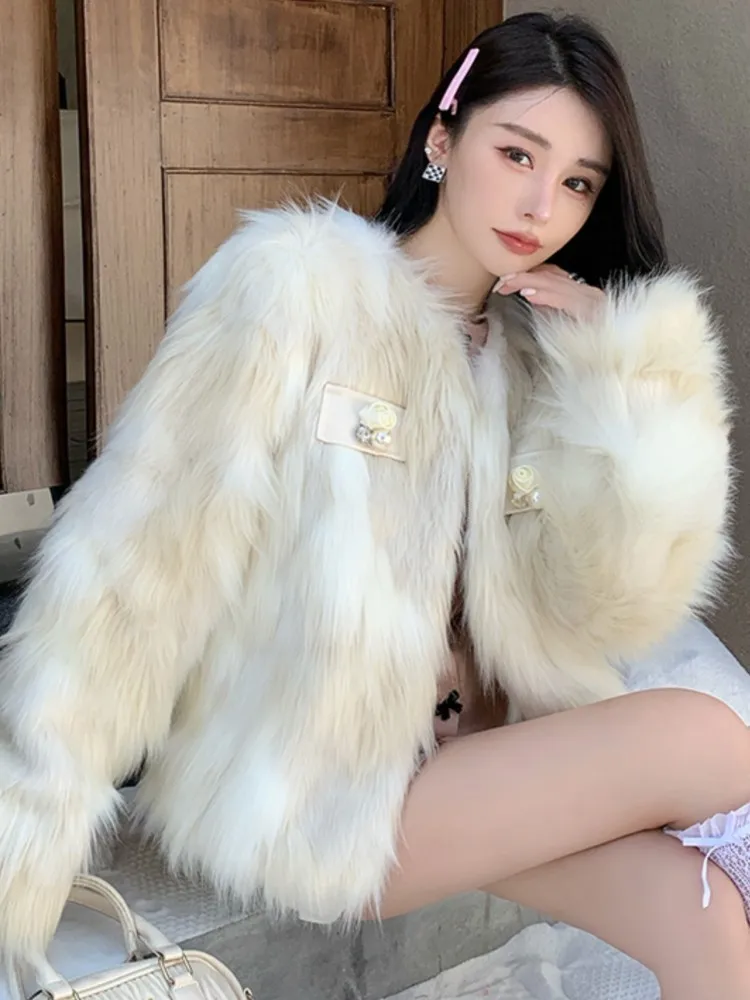 

Autumn Winter New Women Faux Fur Short Coats Elegant One Piece Fur in Imitation of Mink Fur Korean Fashion Female Party Clothes