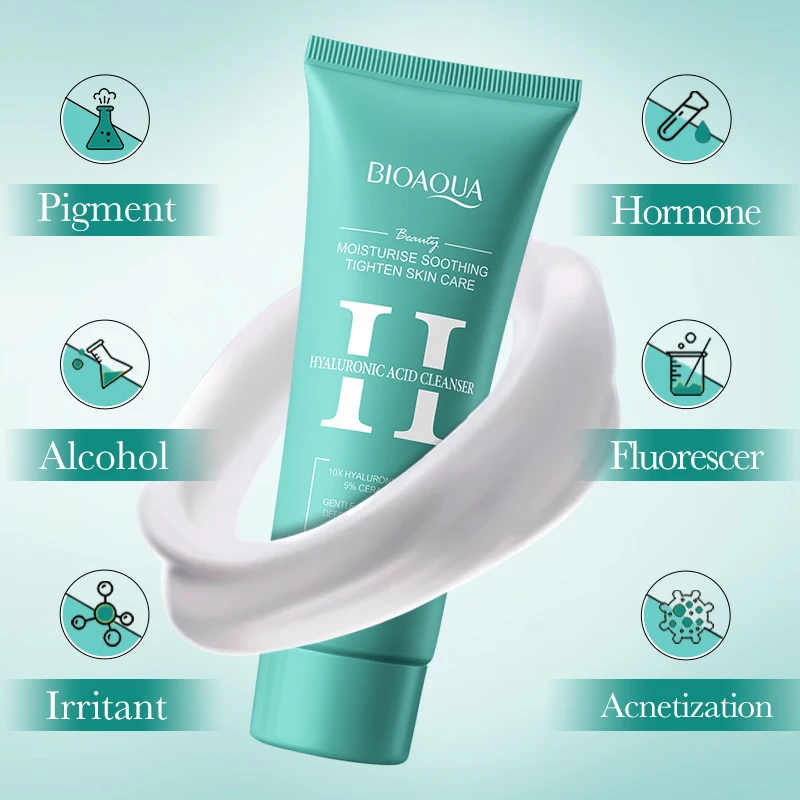Fotografia 4: Bioaqua ácido hialurônico limpador facial hidratante espuma de lavagem facial anti-envelhecimento limpador facial produtos de cuidados com a pele facial