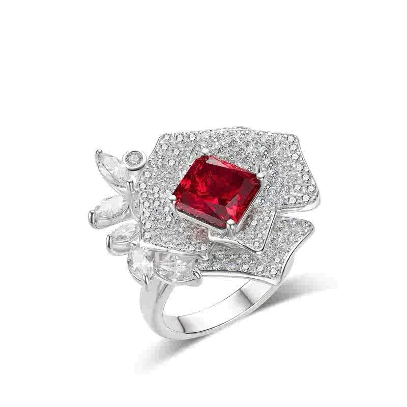 CUMEE Fine Jewelry Rose Flower Cultivate Ruby Rings Women Girlfriend 925 Sterling Silver Gift White Gold Plated