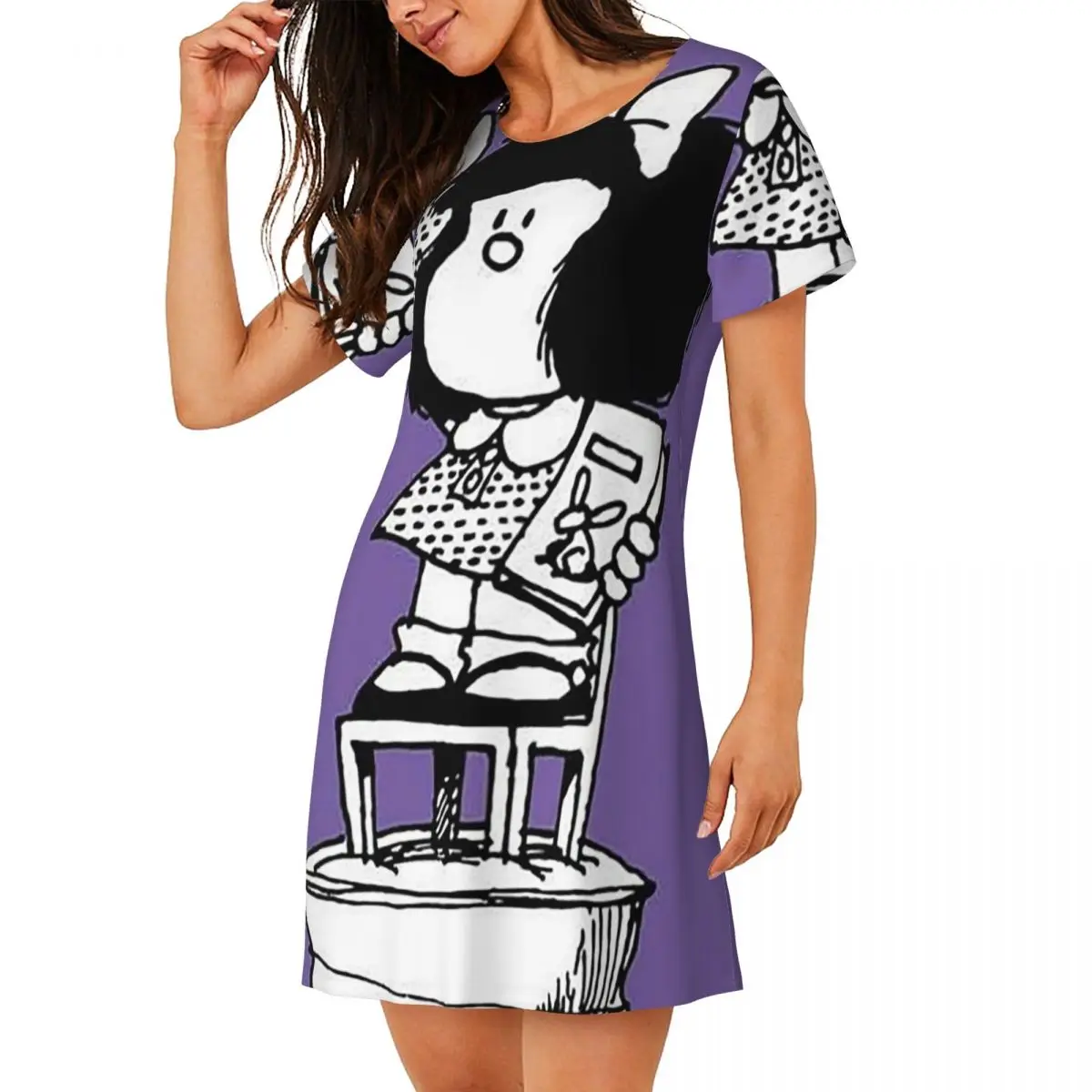 Custom Happy Mafalda Manga Quino Comic Short Sleeves Nightdress For Sleepshirts Women Short Sleeve Nightgowns Loose Pajama Dress