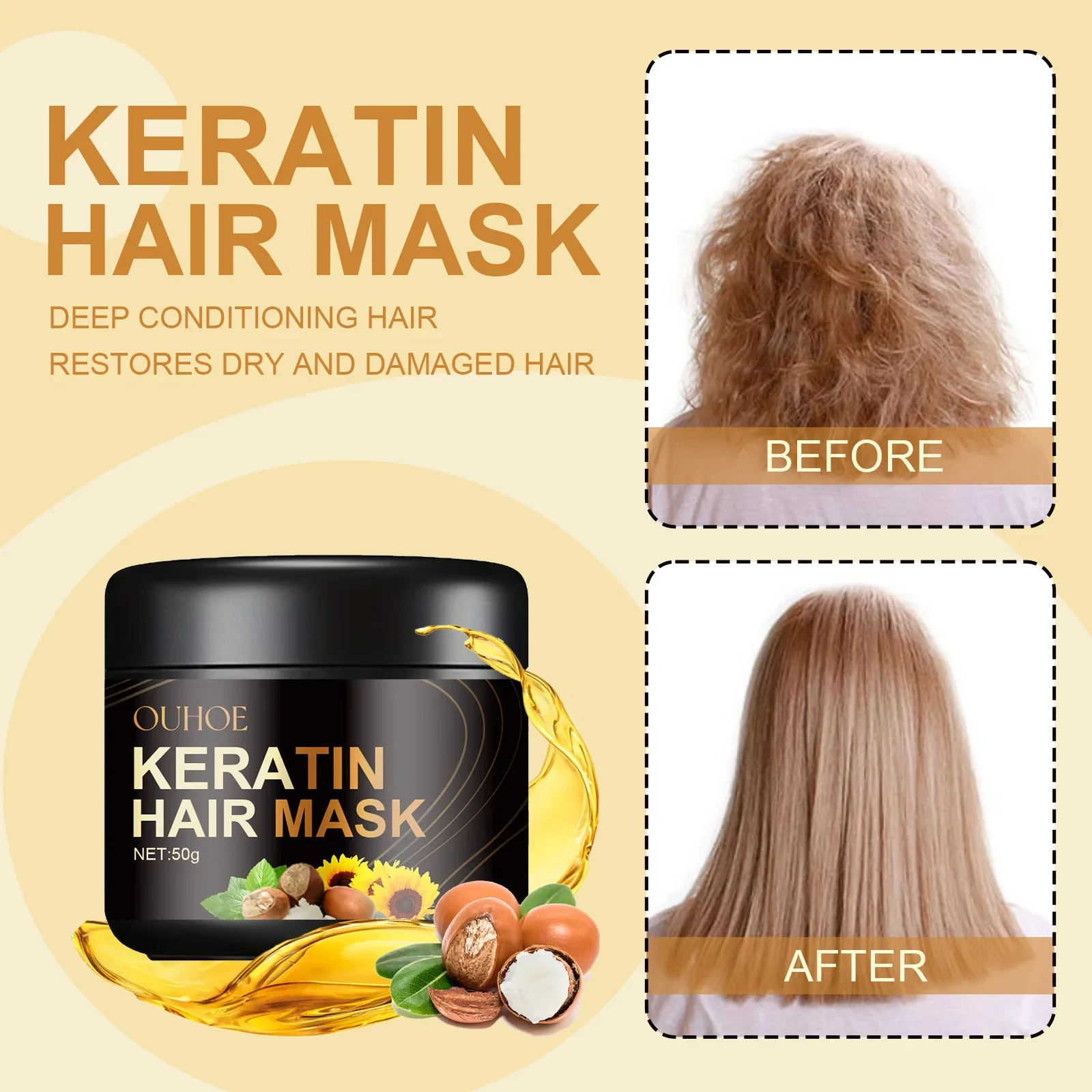 

50g Ouhoe Keratin Hair Care Mask Repair Dry Manic Hairs Tail Split Deep Nourishing Soft Hair Mask for Dry & Damaged Hair