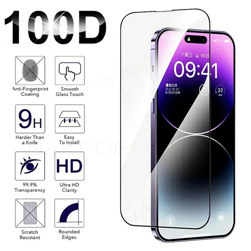 100D Vollgehärtetes Glas für Apple iPhone 14 Plus 13 Mini 12 11 Pro Max Displayschutzfolie iPhone X XR XS Max Schutzglasfolie