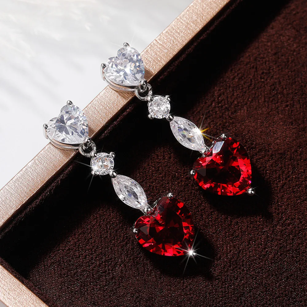 Trendy Elegant Created Red Heart Zircon Earrings 925 Silver Needle String Statement Drop Earrings for Women Wedding Party Gift