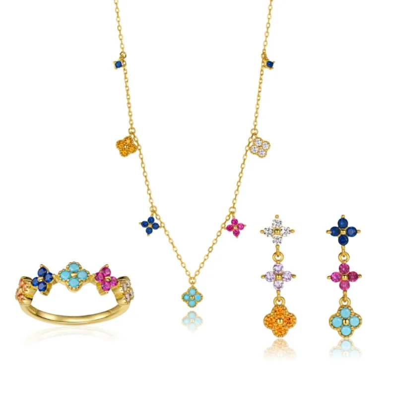 

Vintage Colorful Clover Jewelry Set Earrings Necklace Ring Party Fashion for Women