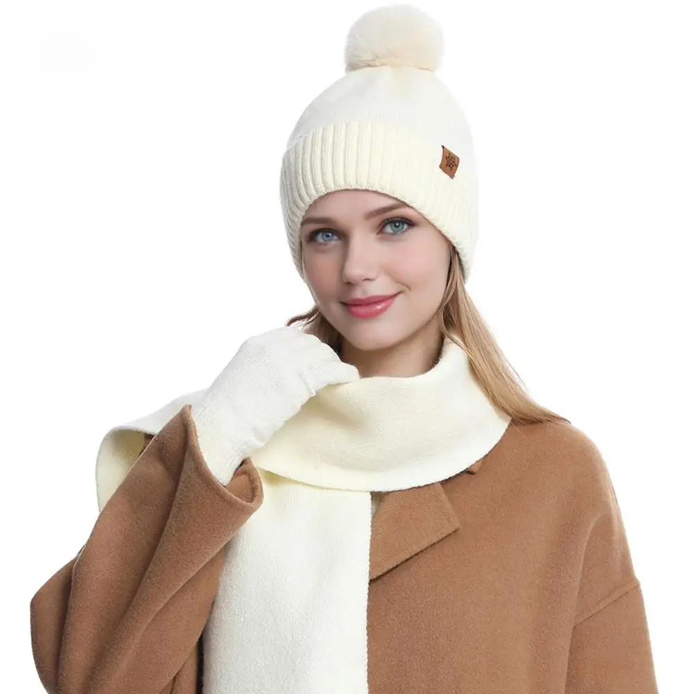 Thick Wool Knit Hat Scarf Gloves 3pcs Women Winter Hat Scarf Gloves Set Double-layer Velvet Plush Ball Weather Protection