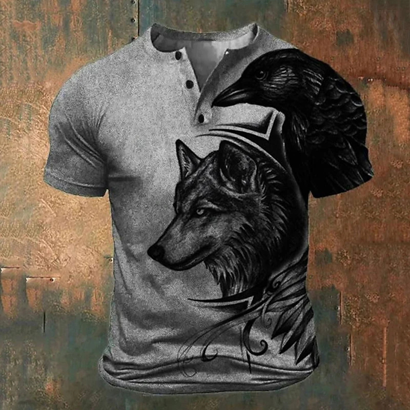 

Summer Leisure Breathable Men's Henley T-Shirts 3D Wolf Printed Streetwear Outdoor Vintage Button Short Sleeve Tees Men Clothing