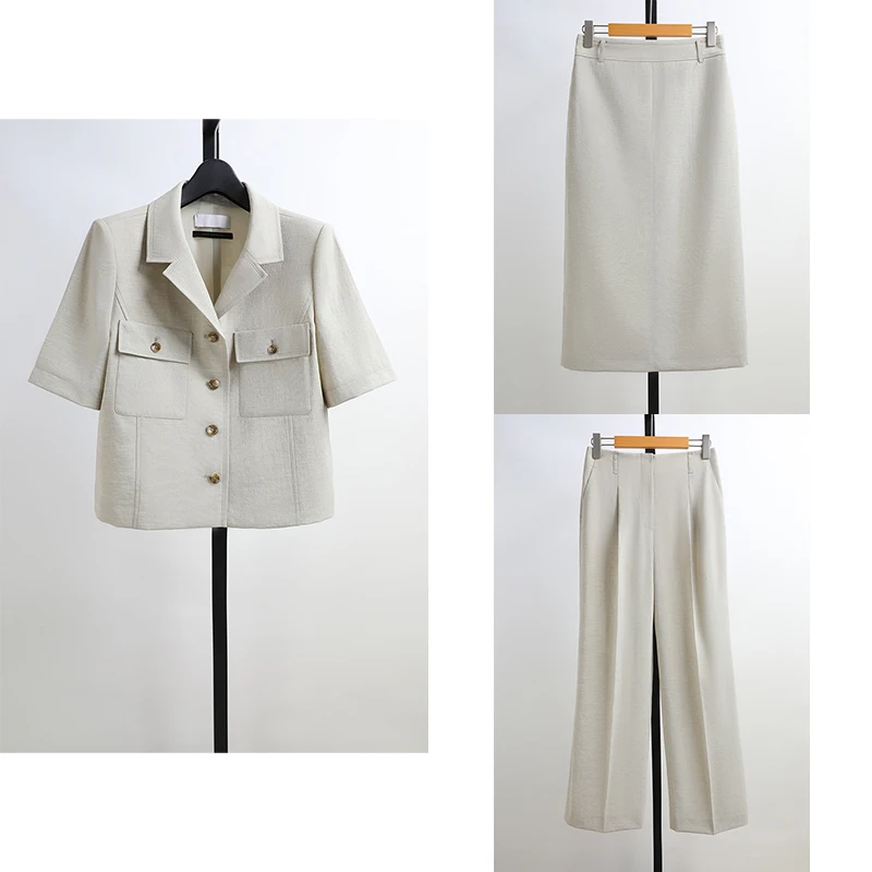 Conjunto de 3 Piezas de Verano Marca JJ para Mujer, Traje de Manga Corta, Pantalones de Pierna Recta, Falda a la Rodilla, Rop...