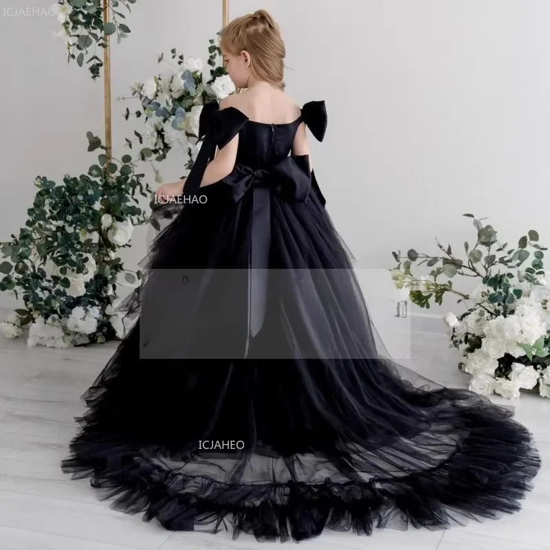 Girls Black Tiered Tulle Dress for Wedding Pageant Party Kids Performance Piano Recital Flower Girl Birthday Princess Ball Gown