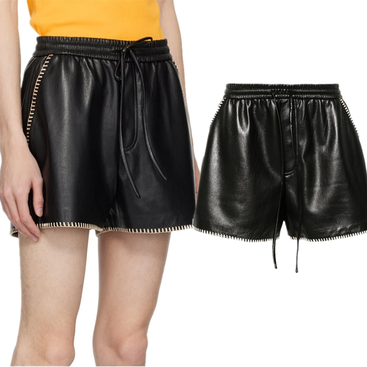 

Dave&Di Nordic Minimalist Soft Protein Leather Elastic Bermuda Waistband Drawstring Tied Contrasting Stitching Shorts