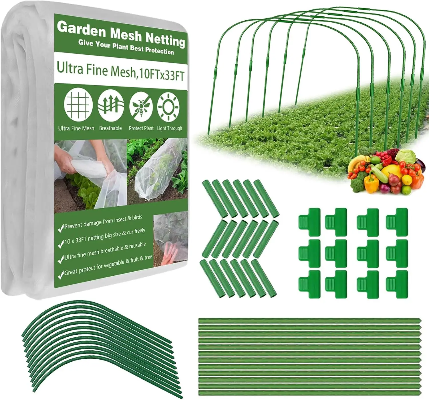 

10x33FT Garden Mesh Netting Kit with 6 Hoops & 12 Clips for Plant Protection