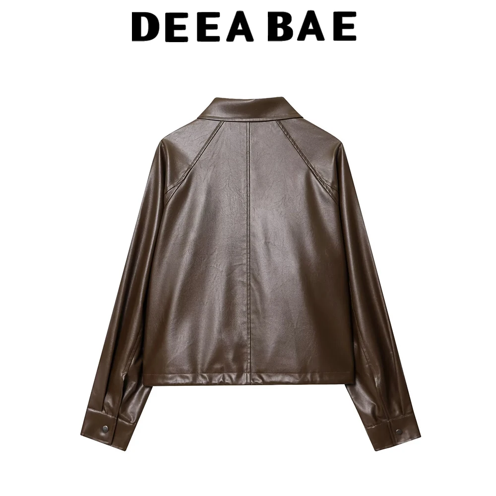 DEEABAE Jesienna Nowa Damska Europejsko-Amerykańska Kurtka ze Sznurkiem, Imitacja Skóry PU, Klapa, Zamek Błyskawiczny, Luźny Krój