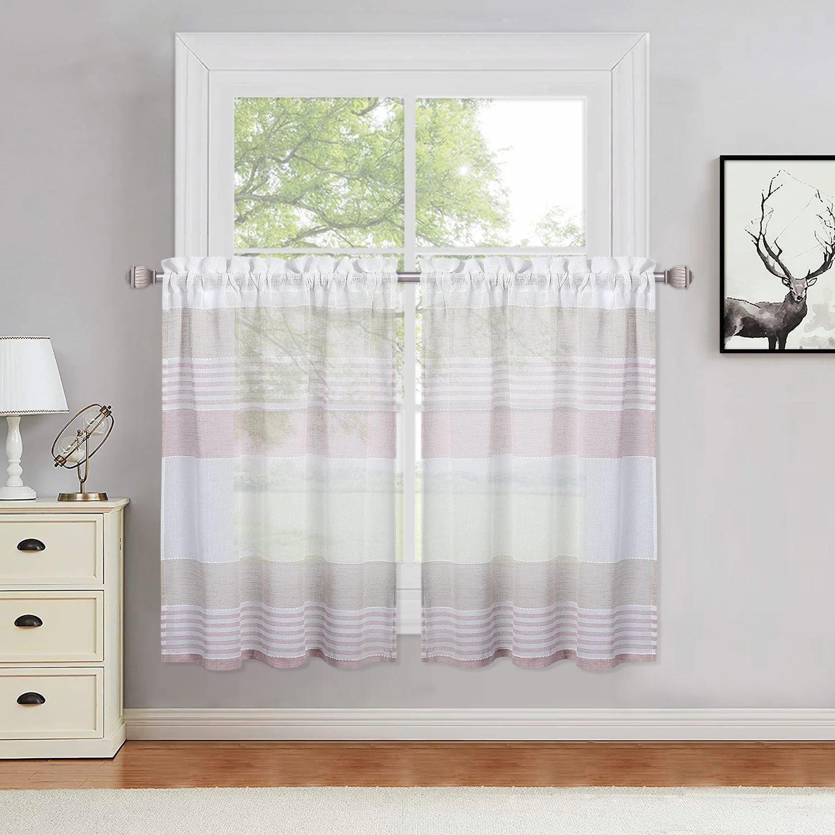 2Pcs Short Sheer Curtains Farmhouse Striped Splicing Curtains Faux Linen Textured Voile  Yarn Dyed Window Curtains 27