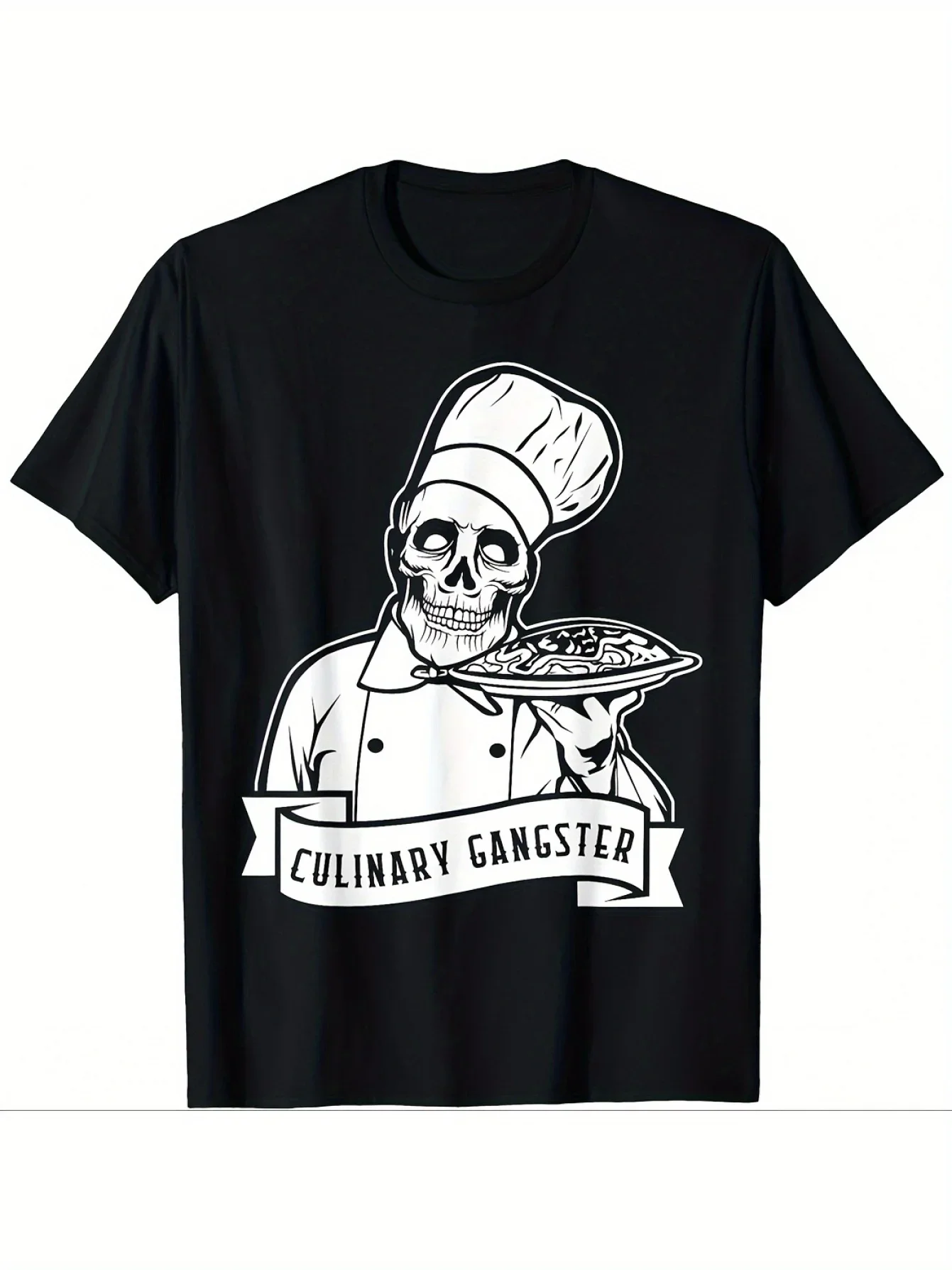 New A Men'S Chef Skull T-Shirt - a Cartoon Print Short-Sleeve Round-Neck Top, Suitable for Chefs in The Kitchen Food Menu