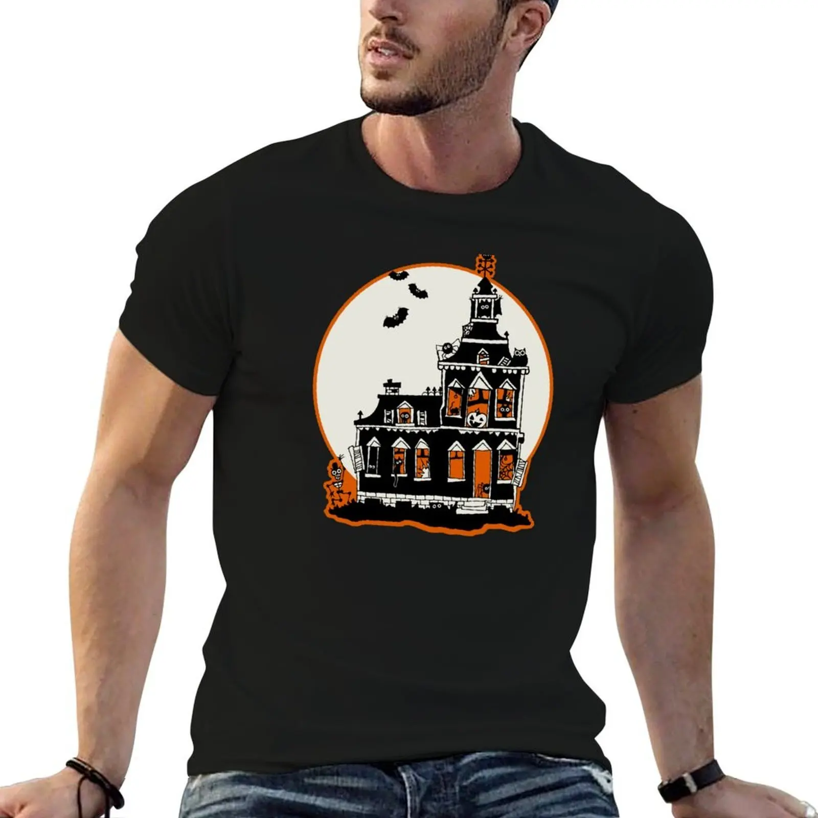 

Винтажный стиль Дом с привидениями-футболка Happy Halloween, мужская футболка, дизайнерская мужская футболка, хлопковая футболка высокого качества