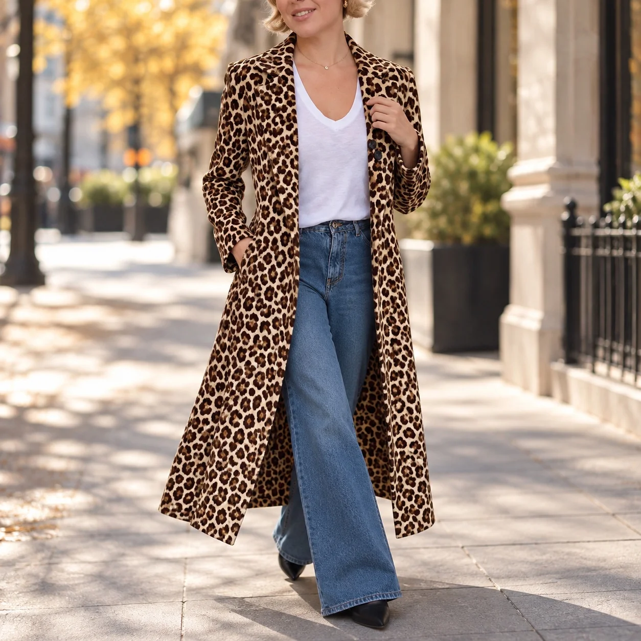 Leopard Print Suit Printed a Line Elegant with Notched Lapel Pockets Elegant Commuter Regular Sleeve Autumn Midweight Women Coat