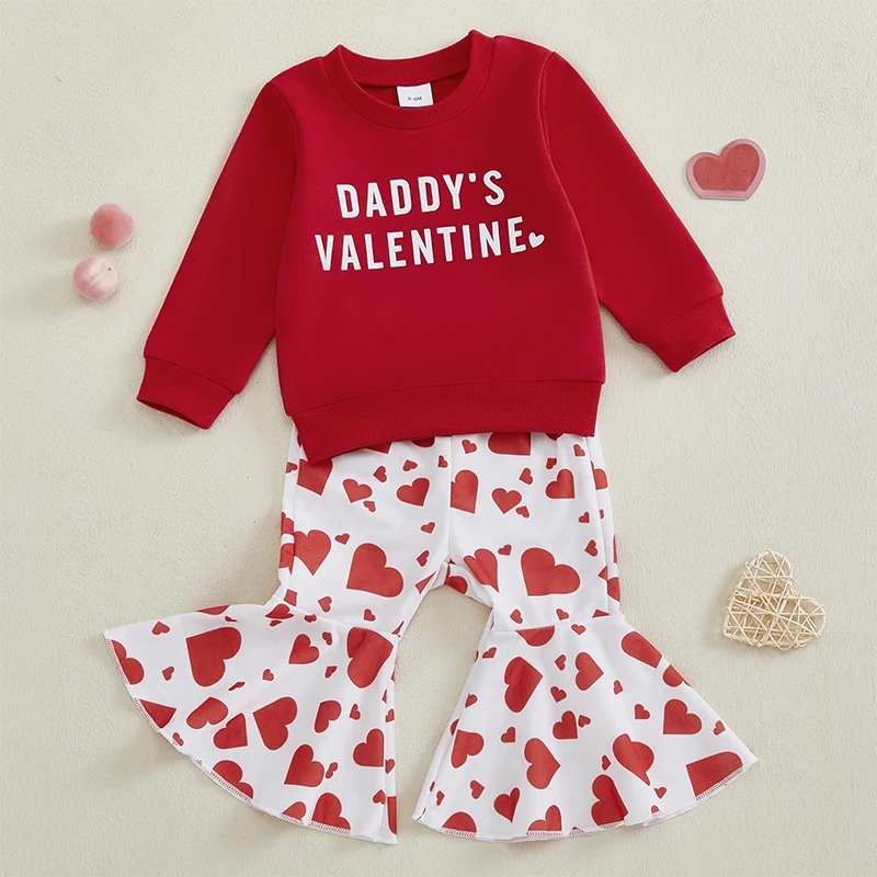 Toddler Girl Valentine s Day Outfits Letter Print Long Sleeve Sweatshirt with Heart Pattern Flare Pants 2 Pcs Set