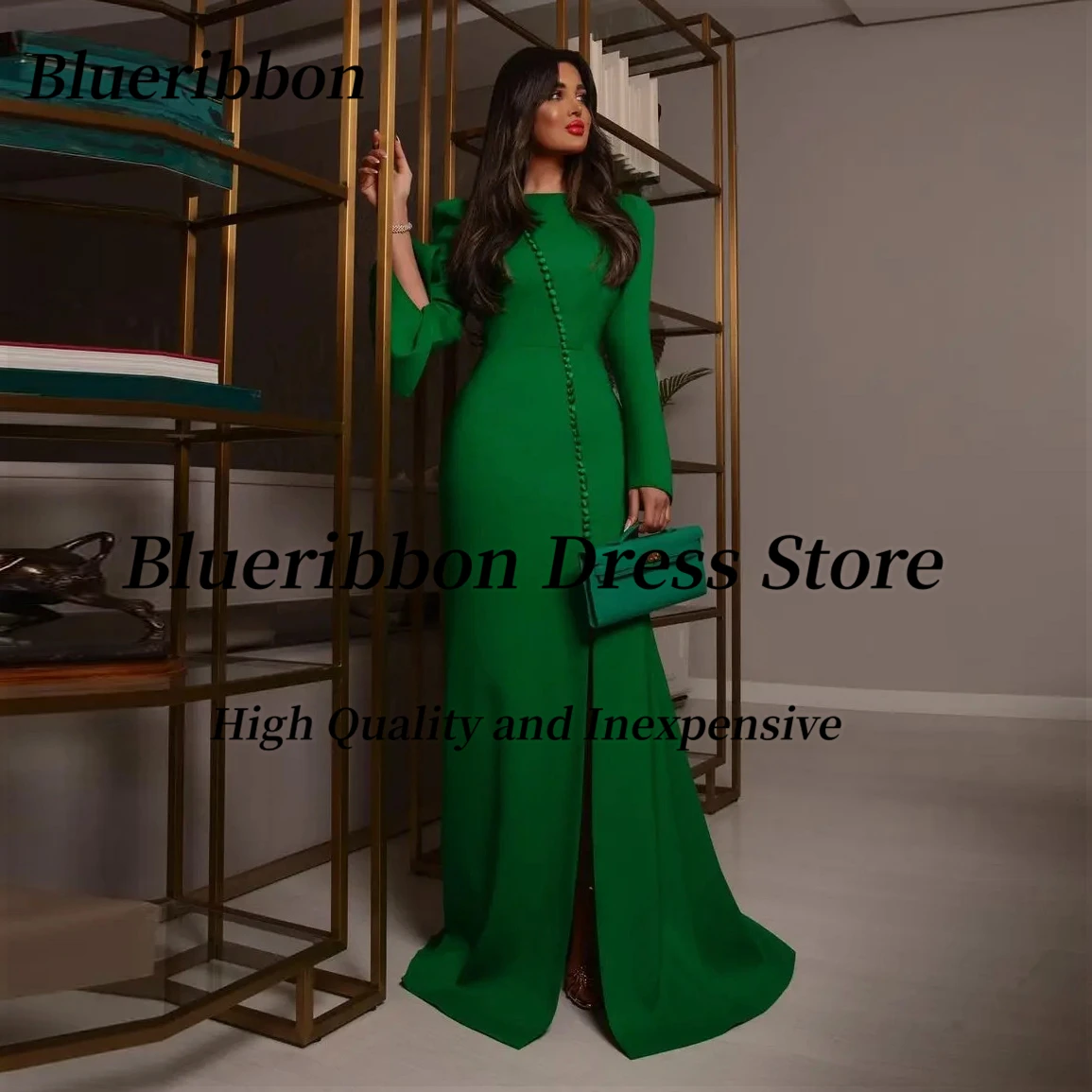 

Blueribbon Вечерние платья по индивидуальному заказу Русалка с длинными рукавами Платье для выпускного вечера на пуговицах с боковым разрезом Специальная вечеринка Vestidos De Fiesta