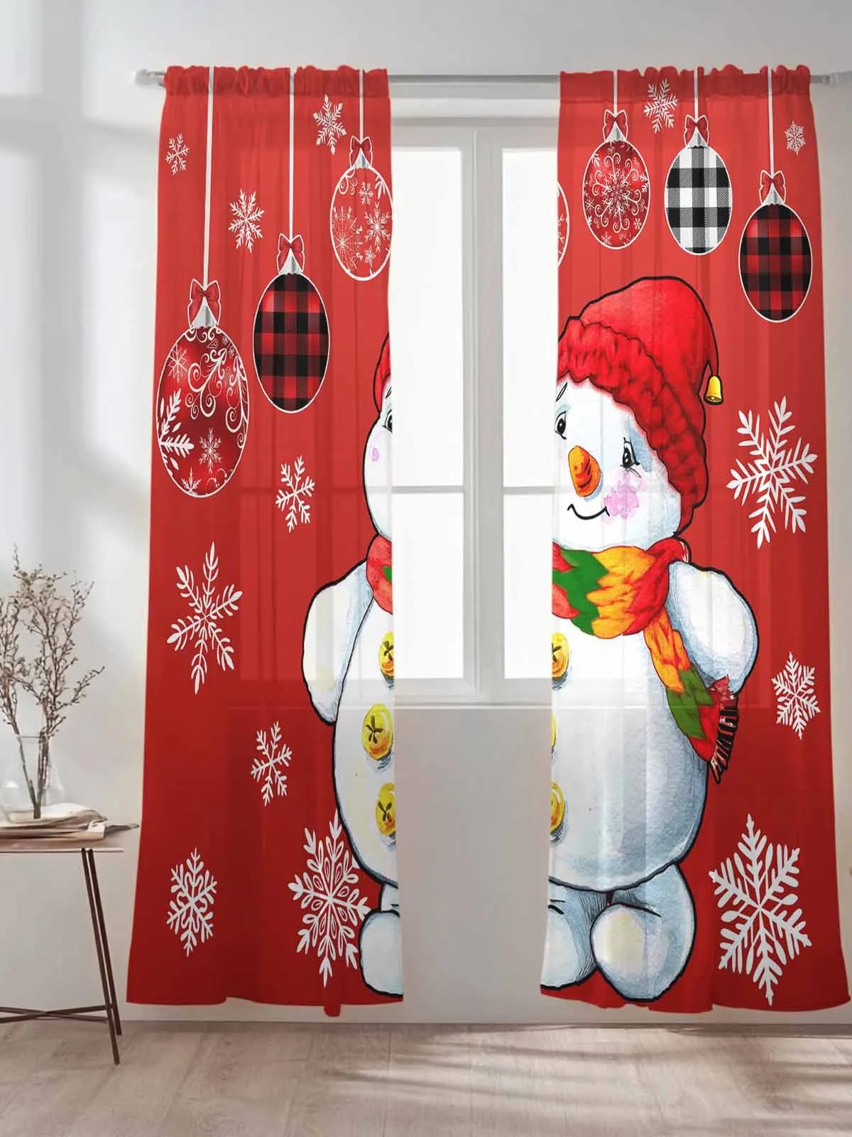 

Winter Ball Red Snowman Tulle Sheer Curtains for Living Room Bedroom Kitchen Decoration Voile Organza Curtains