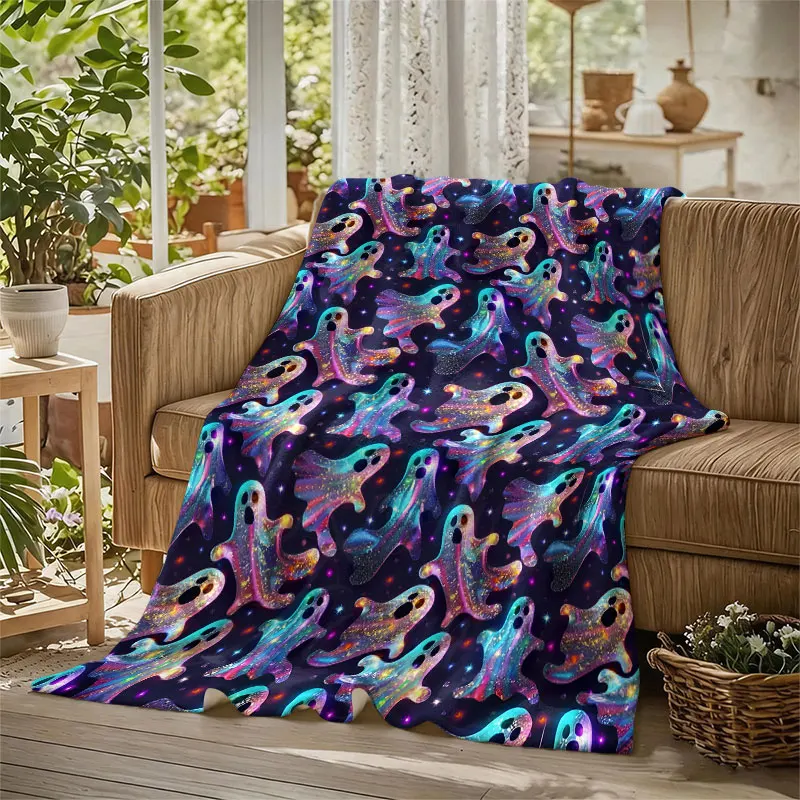 Glitter Galaxy Ghosts Flannel Blanket Warm Soft Halloween Christmas Decorative Couch Warm Cozy All-Season Gift