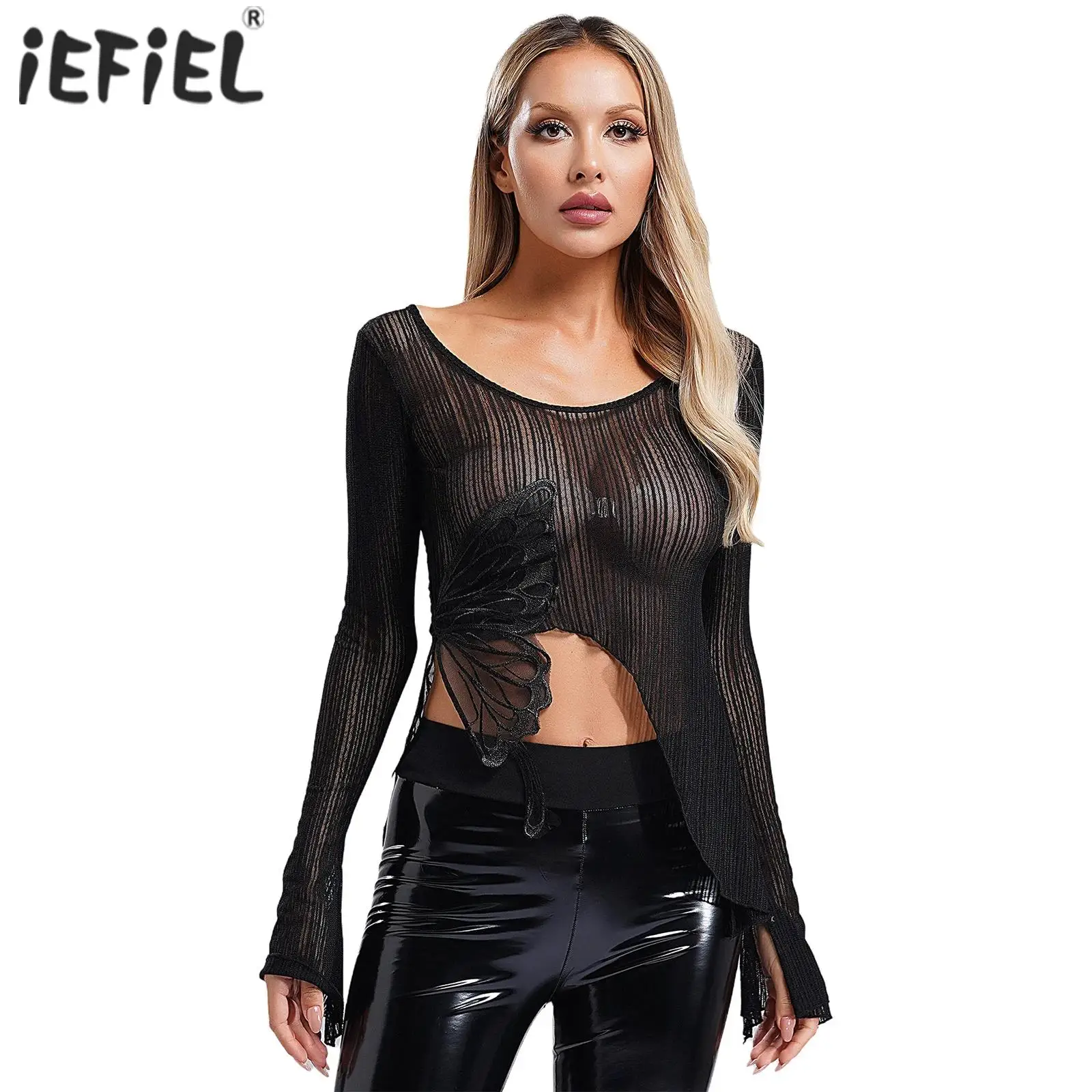 

Womens Butterfly Ballet Jazz Dance Top Round Neck Flared Sleeve Split Ribbed Mesh T-shirt Classical Dancing Practice Costume