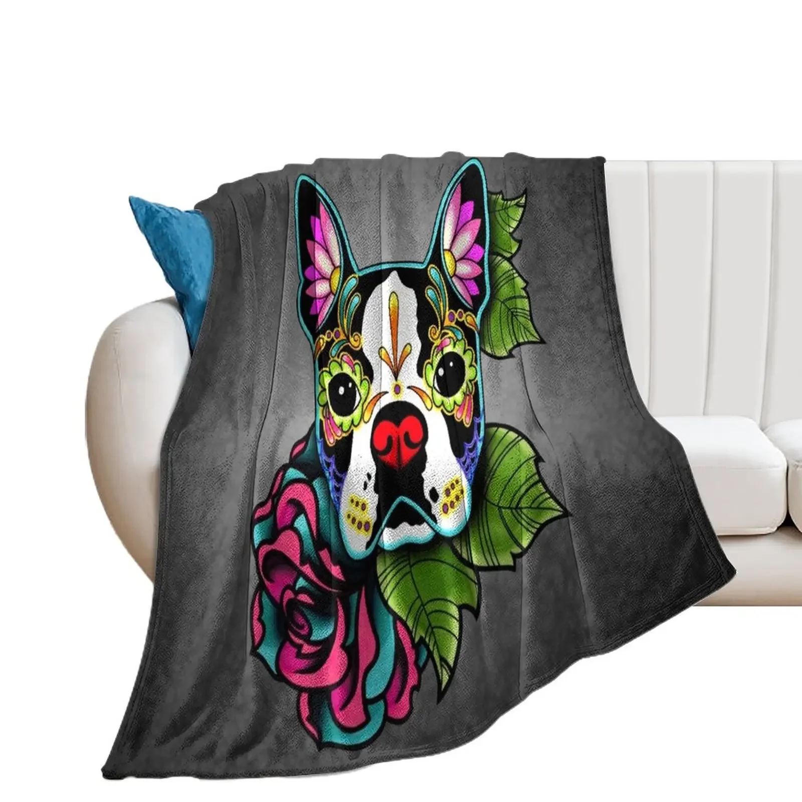 Boston Terrier in Black - Day of the Dead Sugar Skull Dog Throw Blanket blankets and throws warm winter Blankets