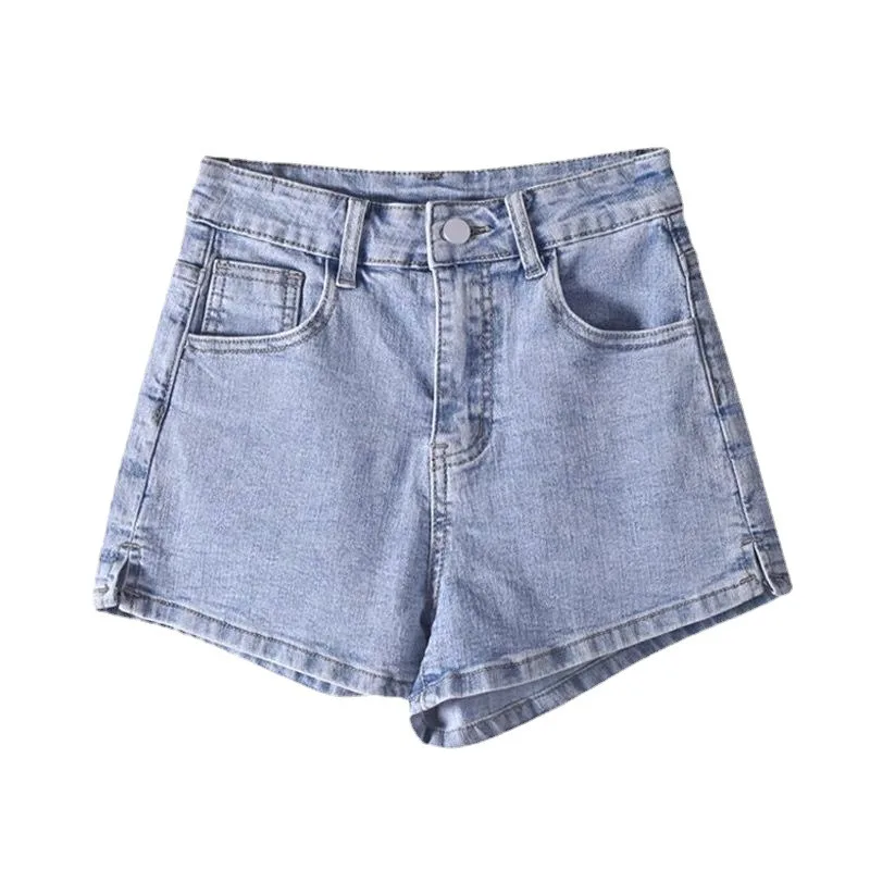 2026 Pants Open Fork High Waist Elastic Light Blue Denim Shorts Women's Summer Wear Wide Leg Hot Pants