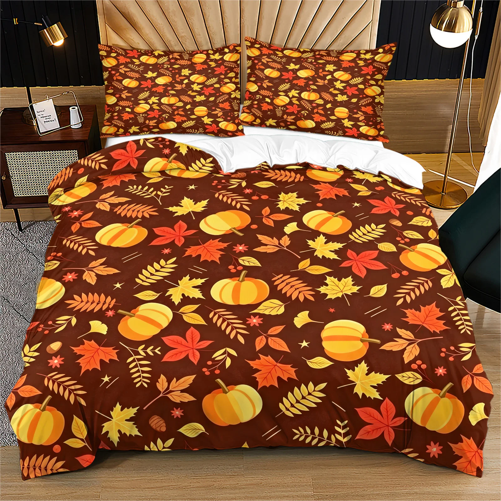 Autumn Pumpkin Maple Leaf Duvet Cover Set Brown Background Fall Harvest Print Bedding Set Microfiber Quilt Cover with Pillowcase