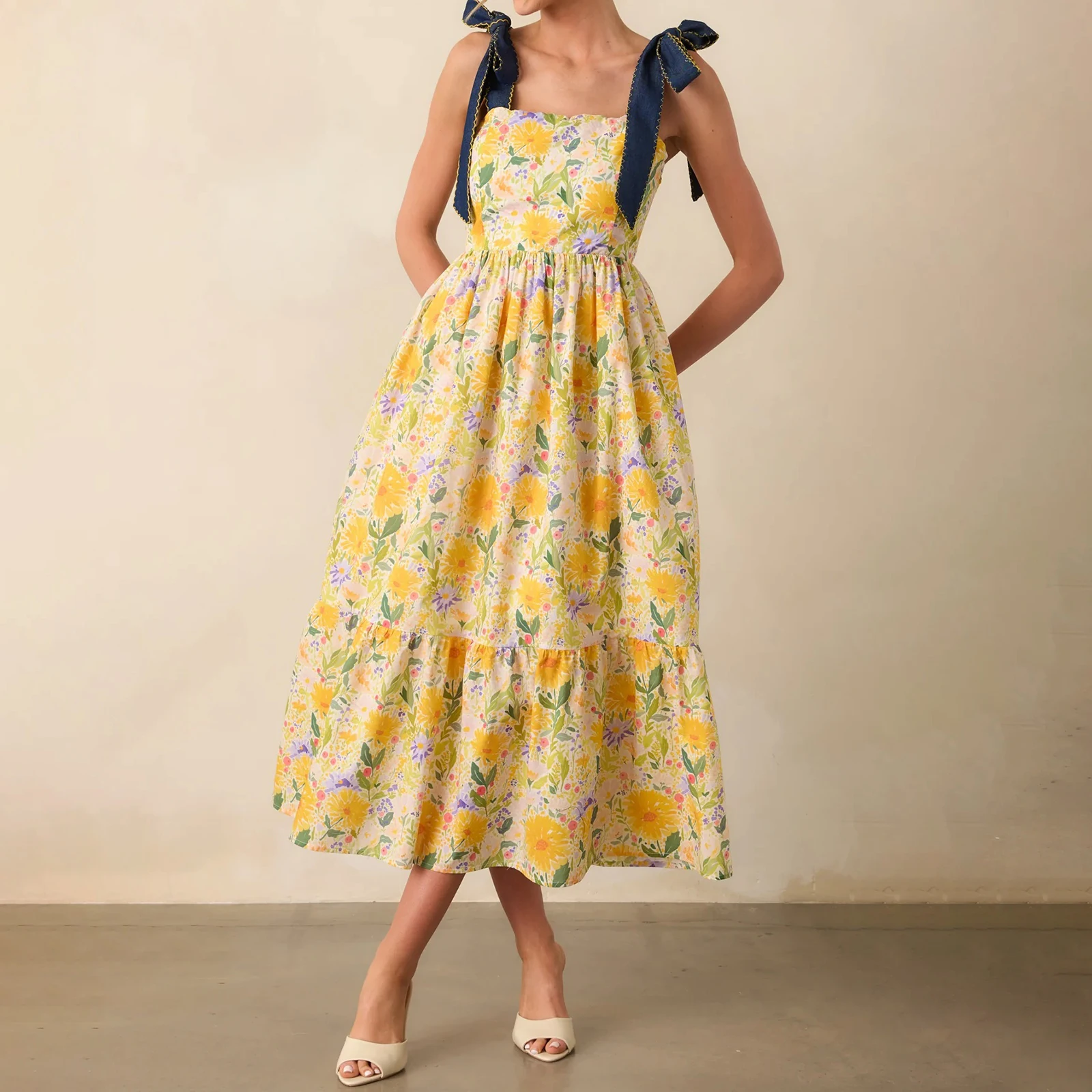 Feiertags-Damenkleid mit Spaghettiträgern und Blumenmuster, stilvolles, ärmelloses, schulterfreies, langes A-Linien-Kleid für Frühling und Sommer