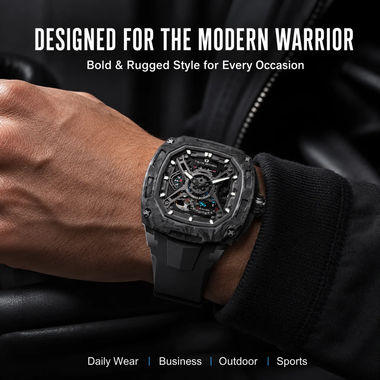 TSAR BOMBA Luxury Men Mechanical Watch Miyota Movement 316L Steel Carbon Fiber Sapphire 50M Waterproof Skeleton Luminous