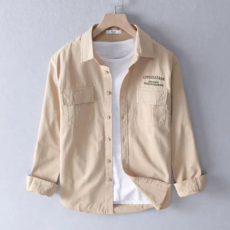 

Men's Spring Autumn Long Sleeve Cotton Shirt Casual Loose Fashion Workwear Jacket Top Youth Popular Embroidery No Ironing Needed