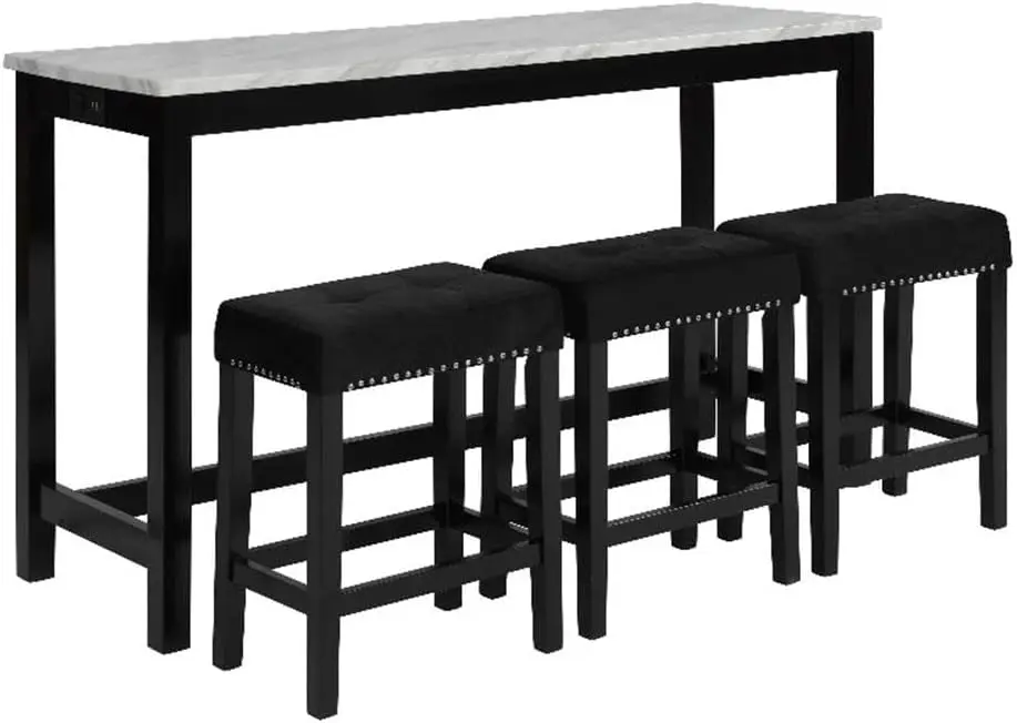 Celeste Faux Marble Theater Bar Table with 3 Bar Stool Set, Black Velvet with Black Base