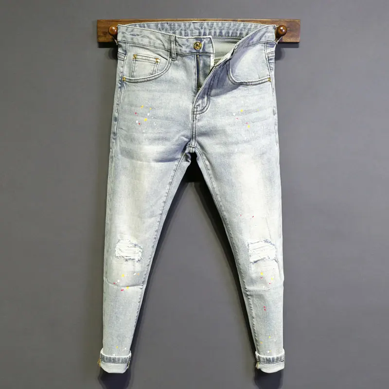 High Street Fashion-Jean Déchiré Slim Fit pour Homme, Pantalon en Denim, Bleu Clair, Créateur Peint, Hip Hop, Zones bre, Rétro