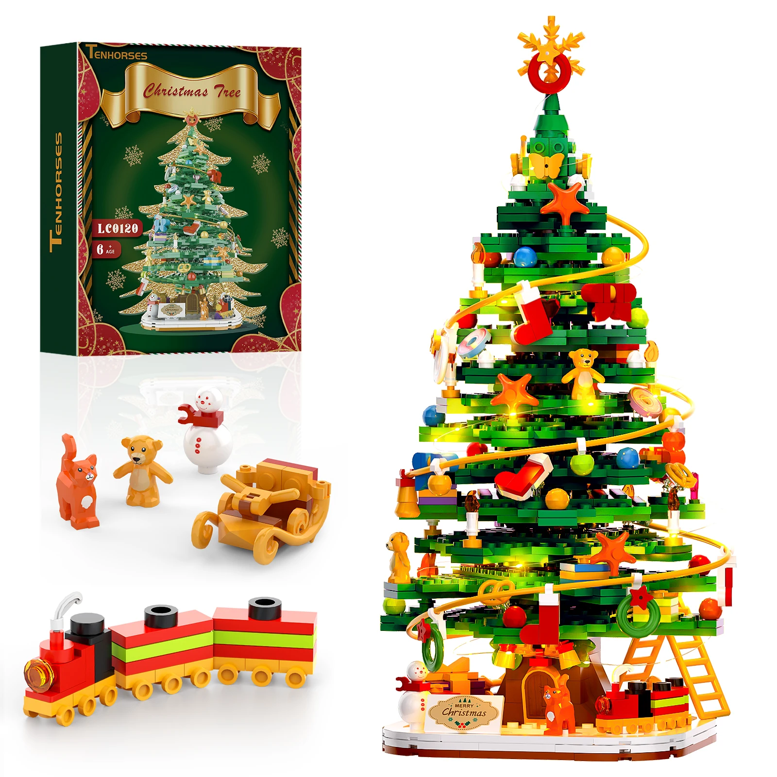 

Compatible Christmas Tree Building Blocks with LED Lights - Tabletop Decoration, Festive Wreath Snowflake Ornaments