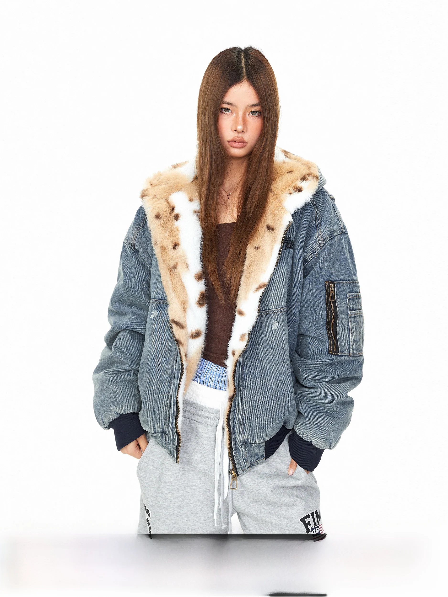 

Blabb Waed Denim Leopard Print Fur Collar Loose Casual Jaet Women's American Trendy Brand Cotton Coat Hip Hop Streetwear