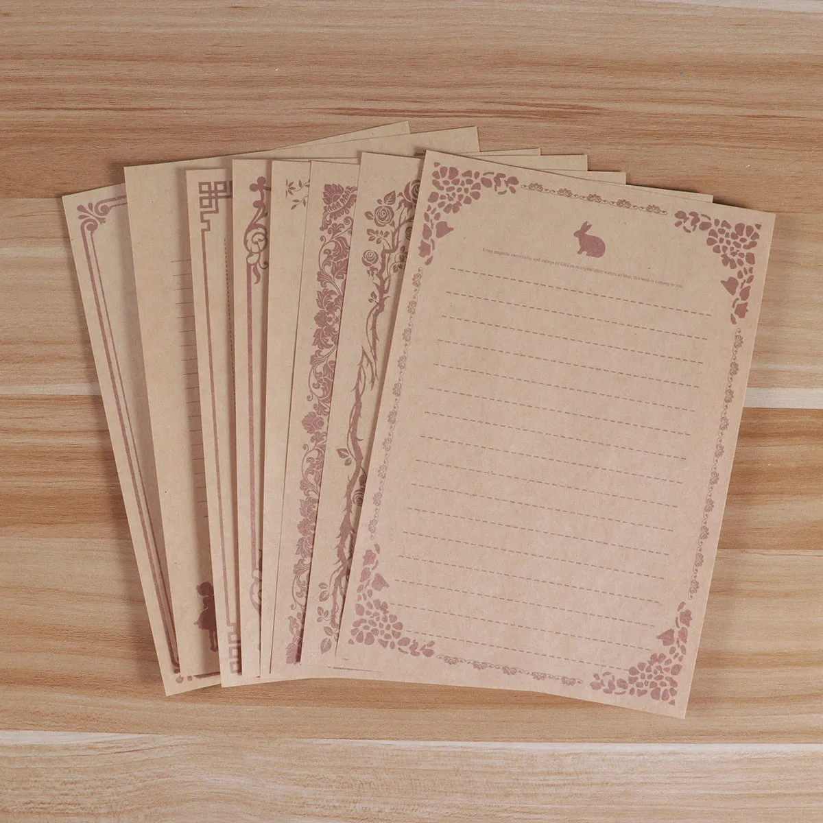 8pcs Vintage Letter Paper Set – Black Rabbit Kraft Writing Paper with Lace Design for School, Office & Craft