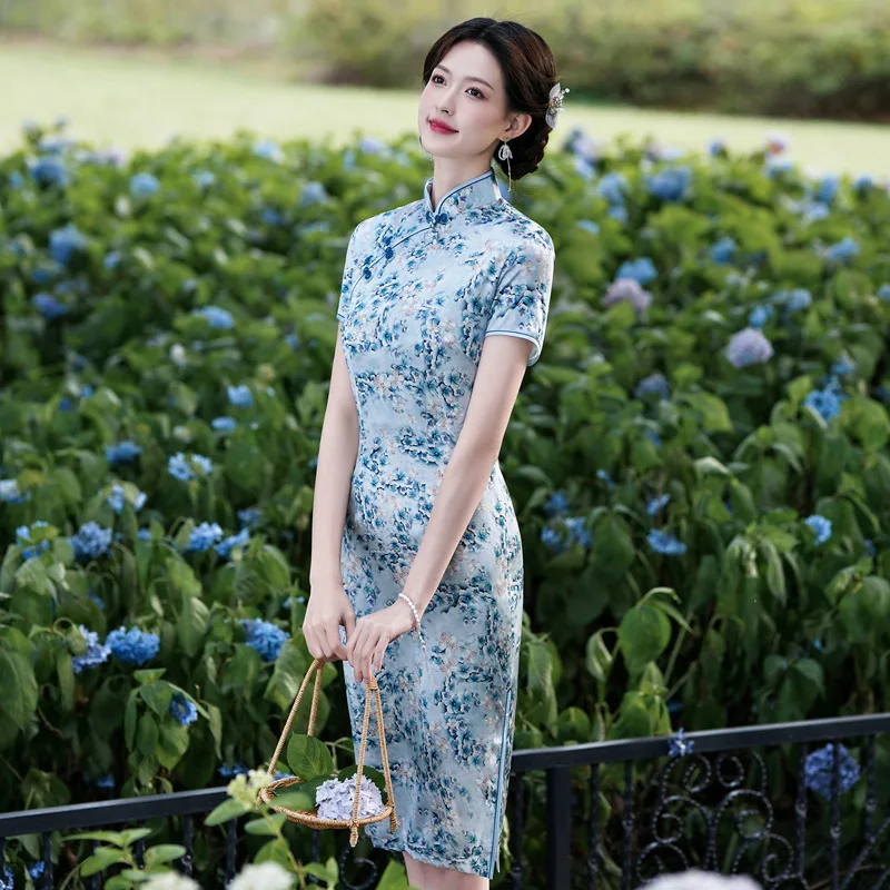 Summer New High Quality Real Silk Printed Short Sleeve Modified Mid-Length Cheongsam Qipao Women's Dress